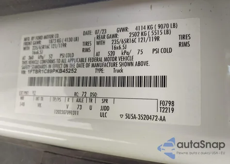 2023 Ford Transit-250 из США, поврежденный, VIN 1FTBR1C89PKB45252